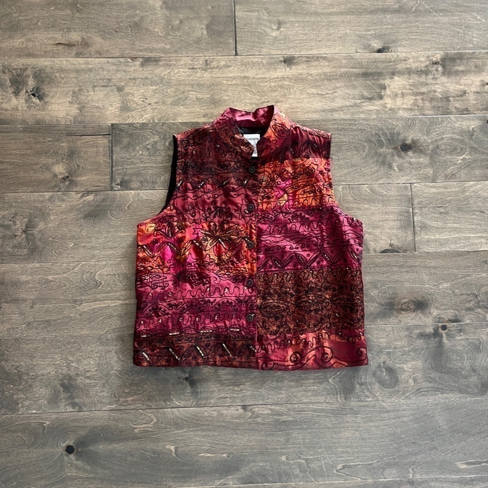 Chicos Red and Burgundy Embroidered Vest Size 1